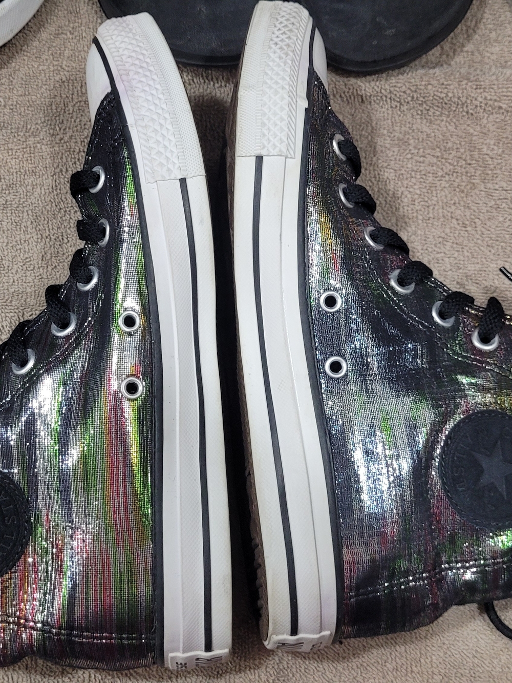 Iridescent Black High-Top Sneakers with Reflective Finish